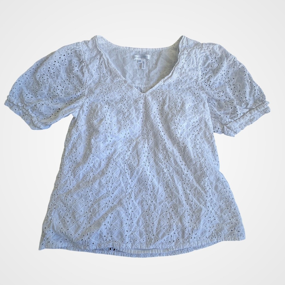 Draper James White Eyelet Cotton V-Neck Puff Sleeve Blouse Womens Size XS